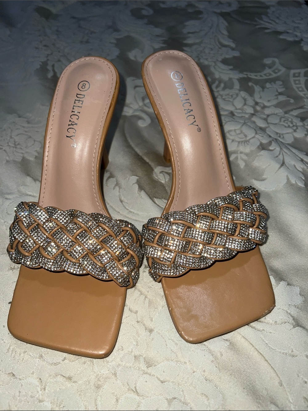 Delicacy Tan Braided Rhinestone Slide Mules with Open Square Toe